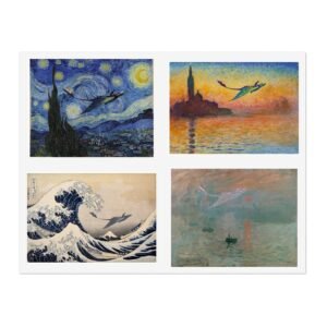 Toothless and Hiccup Flying Through Masterpieces, Artistic How to Train Your Dragon, Starry Night, Great Wave, San Giorgio, Sunrise Stickers